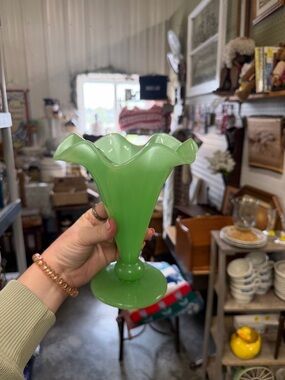 Vintage Green Glass Ruffled Vase